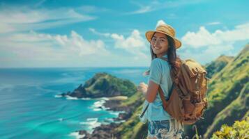 AI generated Young woman with backpack traveling alone on top of a tropical island mountain on a sunny summer day. photo