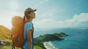 AI generated Young woman with backpack traveling alone on top of a tropical island mountain on a sunny summer day. photo