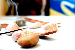 Incense and various stones for meditation, relaxing, aromatherapy photo