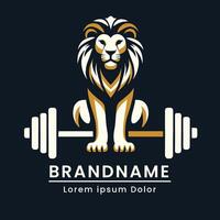 logo lion sitting barbell color yellow and white modern professional fitness style vector