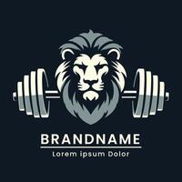 strong fitness logo with barbell and lion circle  for gym branding emblem modern color white black vector