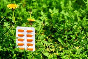 naranja rojo pastillas en ampollas en verde césped con diente de león foto