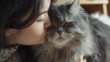 ai generado contento mujer Besos su linda gato con amor a hogar foto