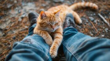 ai generado un gato afectuosamente frota en contra un humano piernas, buscando atención y compañerismo. foto