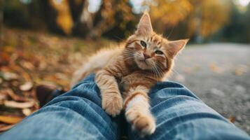 AI generated A cat affectionately rubs against a human's legs, seeking attention and companionship. photo