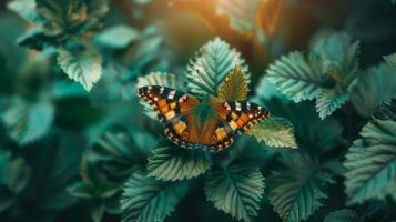 AI generated A butterfly rests on a lush green tree in the garden, adding beauty to the natural surroundings. photo