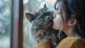 ai generado contento mujer Besos su linda gato con amor a hogar foto