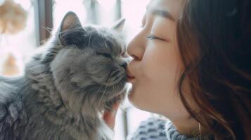 ai generado contento mujer Besos su linda gato con amor a hogar foto