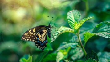 ai generado un mariposa descansa en un lozano verde árbol en el jardín, agregando belleza a el natural alrededores. foto