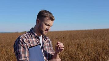 A farmer or agronomist examines the stem of a mature plant in the middle of a soybean field and holds a tablet with documents under his arm video