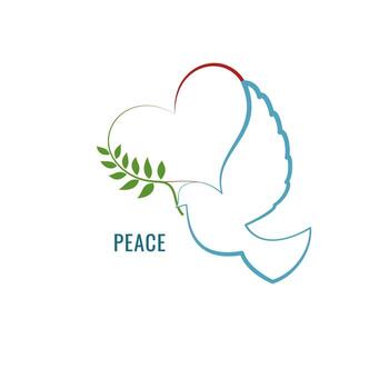 Dove of peace with heart and olive branch. Vector illustration.