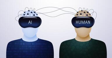 Humans and artificial intelligence in VR helmets are connected to each other by wires. Concept of learning and information sharing. Vector illustration.
