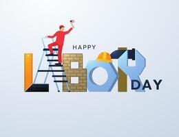 Happy Labor Day. On the letters in construction style there is a man with a flag. Vector illustration.