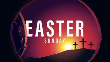 Easter Sunday morning tomb and Calvary with three cross. Holy week poster. Vector image.