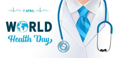 mundo salud día, médico y estetoscopio vector ilustración