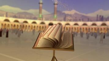 ett öppen bok på en stå i främre av en moské video