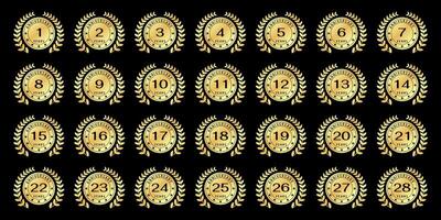 collection of logos for the 1st to 27th anniversaries with the concept of round leaves and gold circles on a black background vector