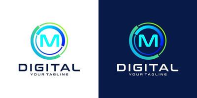 letter M logo design template technology, modern circle logo digital, technology, connection, data, media, circle line vector