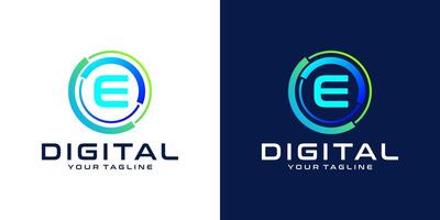 letter  E logo design template technology, modern circle logo digital, technology, connection, data, media, circle line vector