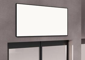 A modern rectangular blank signboard on a textured grey wall above a entry, ideal for businesses to showcase logos or advertising. Shop, office, company signboard. Illuminated lightbox. 3D. photo