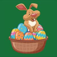 easter bunny in basket with colorful eggs vector