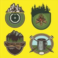 four badges with camping, canoe, and fire vector