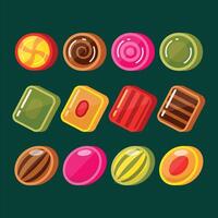 a set of colorful candies on a green background vector