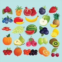 un colección de frutas y vegetales en un azul antecedentes vector