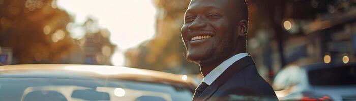 AI generated Joyful black-skinned businessman by his car, suitable for themes of professional success, positive corporate image, leadership, and urban lifestyle. Panoramic banner. Generative AI. photo