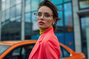 AI generated Determined businesswoman in a coral blazer, ideal for themes of innovation, leadership, and business strategy. Generative AI. photo