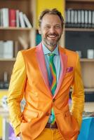 AI generated Joyful executive in bright, stylish attire stands out in the office, perfect for creative, branding, or diversity in the workplace themes. Smiling chef, businessman. Vertical picture. photo