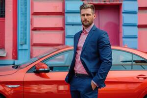AI generated A suave businessman in a sharp blue suit exudes confidence against a colorful urban backdrop, ideal for modern lifestyle, fashion, and success-themed content. Generative AI. photo