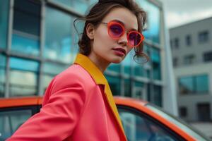 AI generated Trendy professional with chic sunglasses and a bold blazer, perfect for urban style, fashion, and modern business marketing visuals. Generative AI. photo