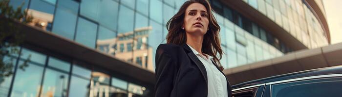 AI generated Confident businesswoman in a sleek suit standing by her car in the city embodies professionalism and success, ideal for corporate and lifestyle themes. Panoramic banner. Generative AI. photo