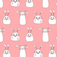 Seamless pattern with cute white rabbits with flowers. Easter bunnies for printing on childrens products, fabric and wallpaper on a pink background. Cartoon vector illustration.