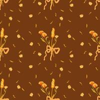 Golden seamless pattern with wild flowers. Autumn floral background in retro style. Decorated backdrop for wallpaper and fabric with a bouquet. For bed linen, fabric and clothing. Vector