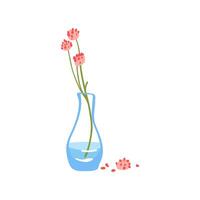 Branch with summer flowers in glass vase. Cut spring blooms in water. Blossomed floral plants, stems. Fresh gentle fragile delicate field wildflowers isolated flat vector illustration