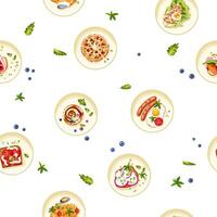 Seamless pattern with plates of food. Decorative food pattern on a white background for restaurant or cafe menu, wrapping paper. vector illustration for printing on packaging boxes and bags