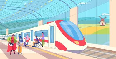 de superficie metro estación. tren en un abierto plataforma con pasajeros inclusión humano. un rechoncho dama con un maleta. paisaje con un molino en el campos. vector