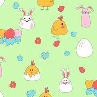 Seamless pattern with Easter chickens, hares, eggs in a nest. Daisies on a green background for baby products. Cute rabbits for baby clothes. vector illustration for printing packaging, fabric and