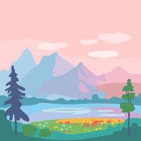 Summer square poster with a mountain landscape and a forest clearing. Green trees and meadow with red flowers. Sunset, pink sky with clouds. Template for poster, web page, text or banner. Vector