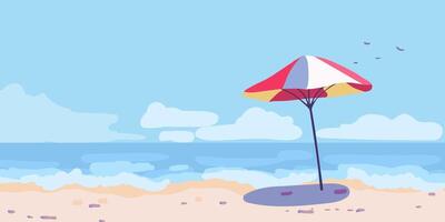 Colorful beach umbrella with shadow on the seashore on a sunny day. Shore with beach and waves. vector