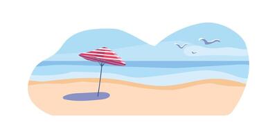 Summer background. Seashore with a striped red umbrella and shadow on the sand. Seagulls in the blue sky with clouds. Background. Template for poster, web page, text or banner. Vector