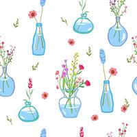 Spring flowers in glass vases, seamless pattern. Fragile floral stems and branches, repeating print. Summer blooming plants. vector