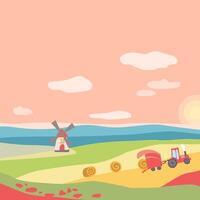 Summer square poster with fields and harvesting. Windmill, tractor with hay. Setting sun on a pink sky with clouds. Template for poster, web page, text or banner. Vector