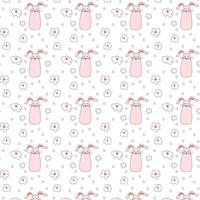 Seamless pattern with pink bunnies with flowers. Easter bunnies for printing on childrens products, fabric and wallpaper on a white background. flat vector illustration.