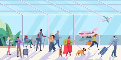 Panorama of the airport hall. People waiting for an airplane flight. Fat lady with dog and luggage. Aircraft. vector illustration for banner, poster and advertising