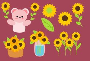 cute bear and sun flower vector