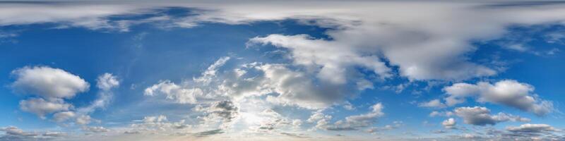 blue sky hdri 360 panorama view  with evening clouds before sunset in equirectangular projection with zenith for use in 3d graphics as skydome replacement or edit drone shot photo