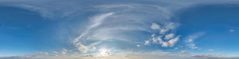 blue skydome 360 hdri panorama with twilight clouds before sunset in equirectangular format with zenith for use in 3d graphics as sky replacement or edit drone shot photo